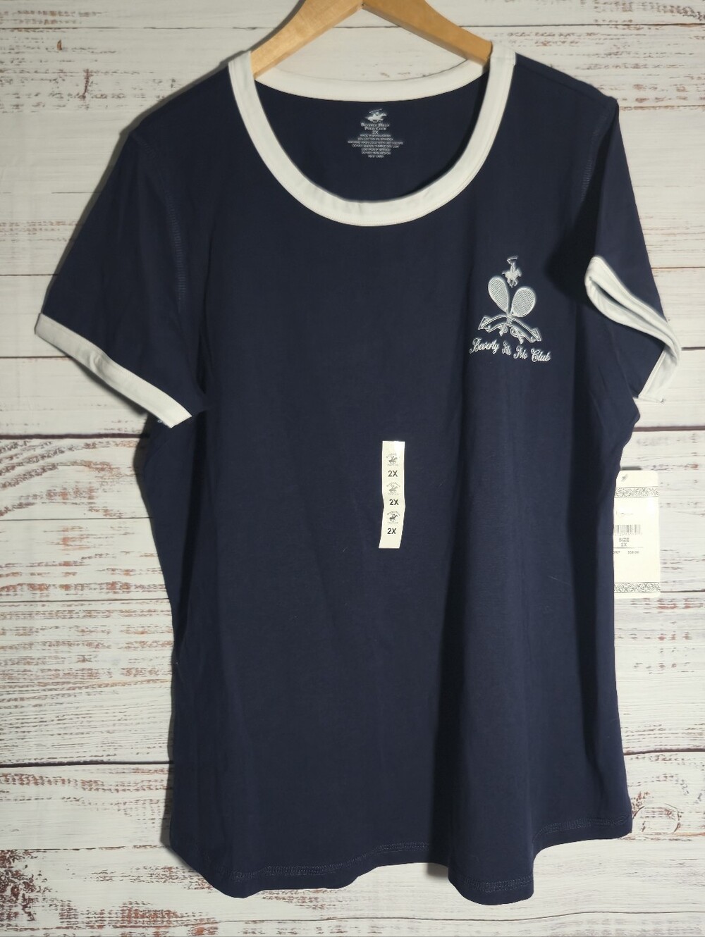 Beverly Hills Polo Club Women's 2X Navy/White Trim Scoop Neck Stretch Tee